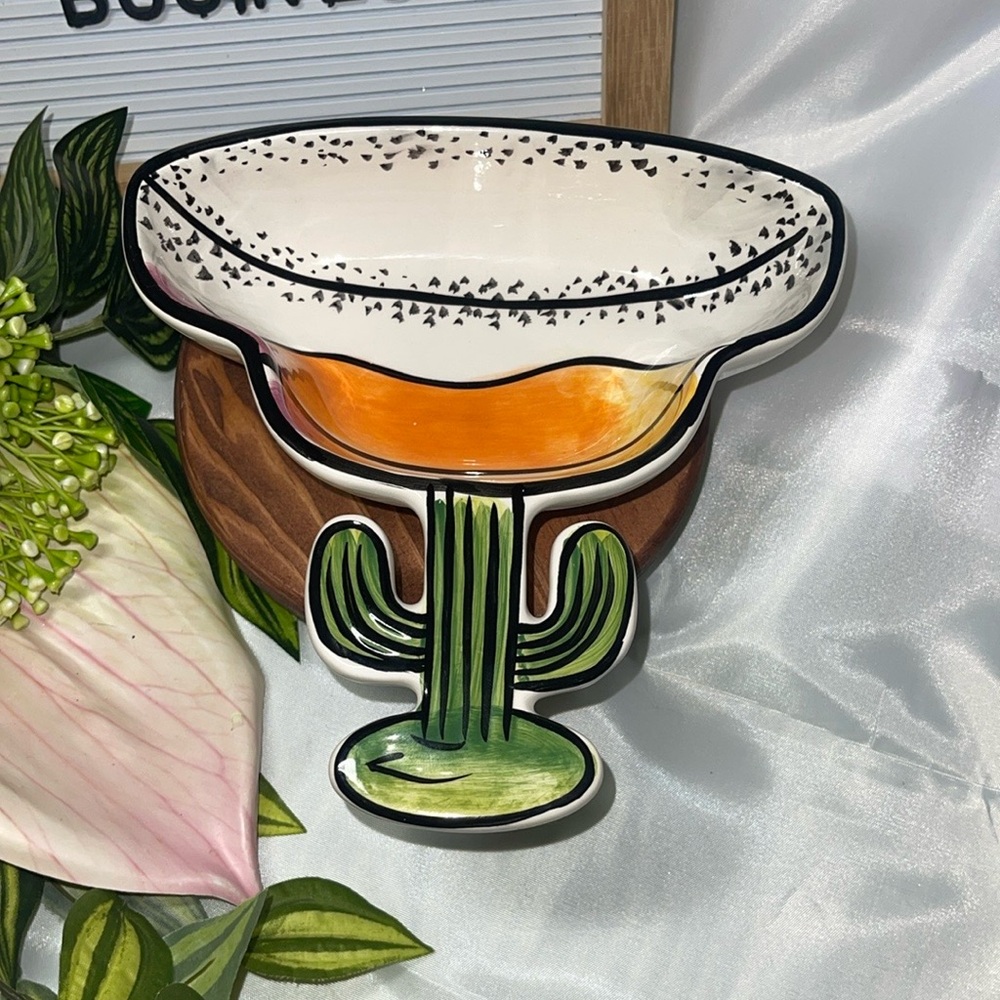 Clay Art Margarita Cactus Ceramic Dish – Fun Novelty Server – pink and orange